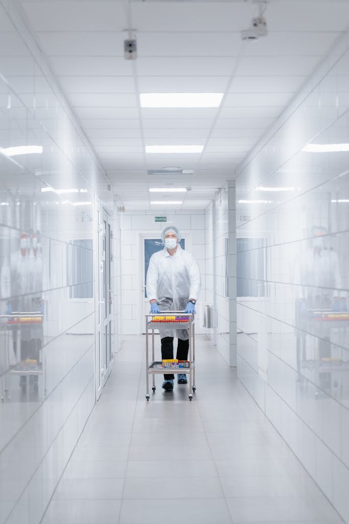 Scientist in protective clothing walking with cart in a sterile laboratory corridor.